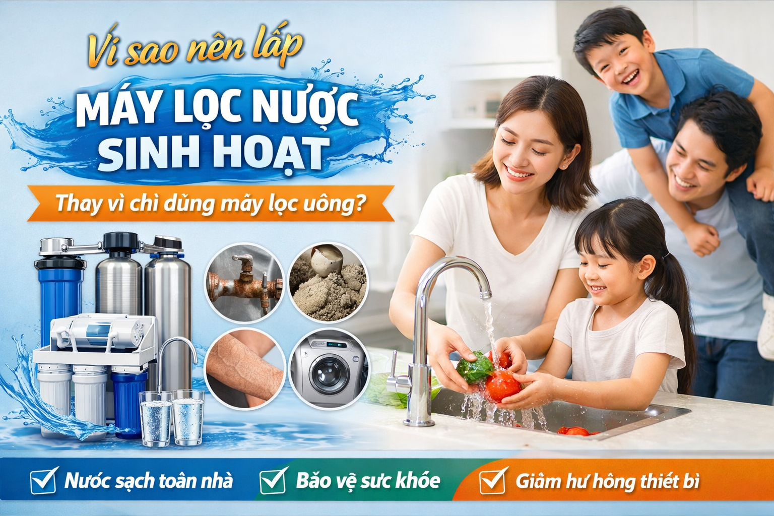 Vì sao nên lắp máy lọc nước sinh hoạt thay vì chỉ dùng máy lọc uống?