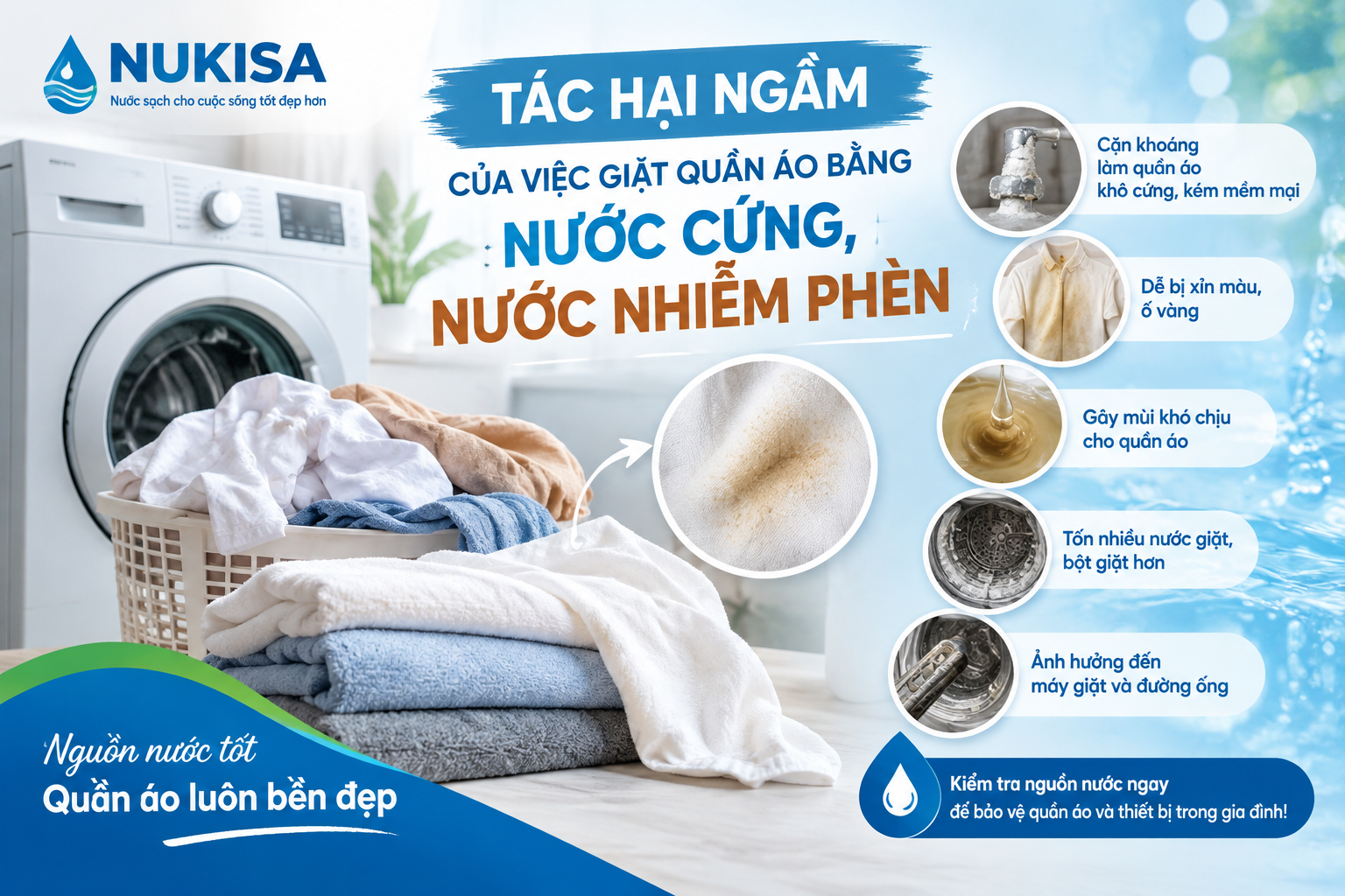 Tác hại ngầm của việc giặt quần áo bằng nước cứng, nước nhiễm phèn.