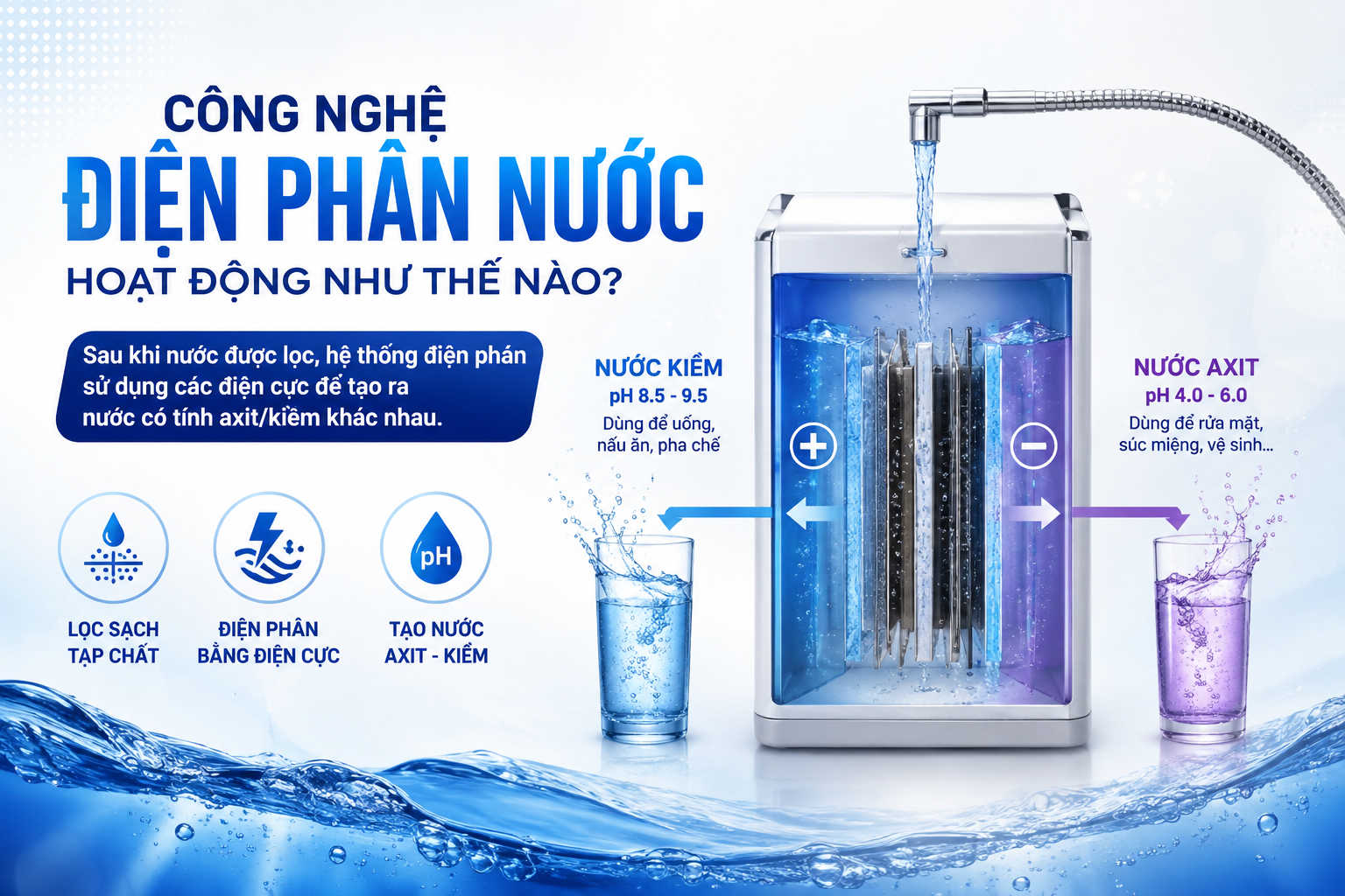 Công nghệ điện phân nước hoạt động như thế nào? Sau khi nước được lọc, hệ thống điện phân sử dụng các điện cực để tạo ra nước có tính axit/kiềm khác nhau.