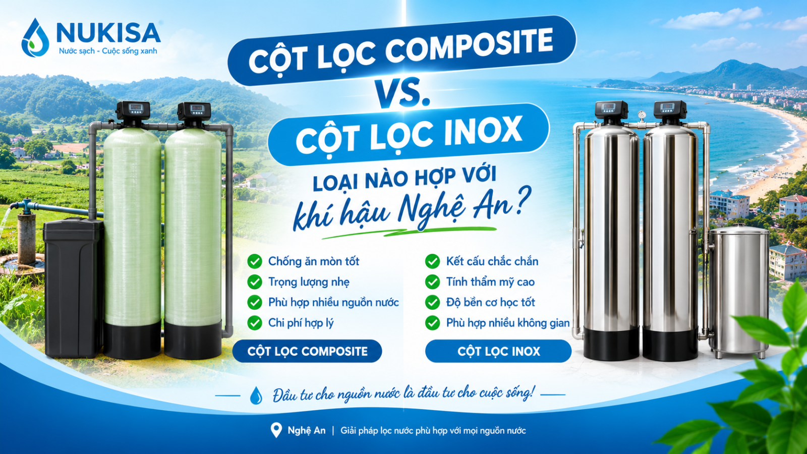 Cột lọc composite vs. Cột lọc inox – Loại nào hợp với khí hậu Nghệ An?