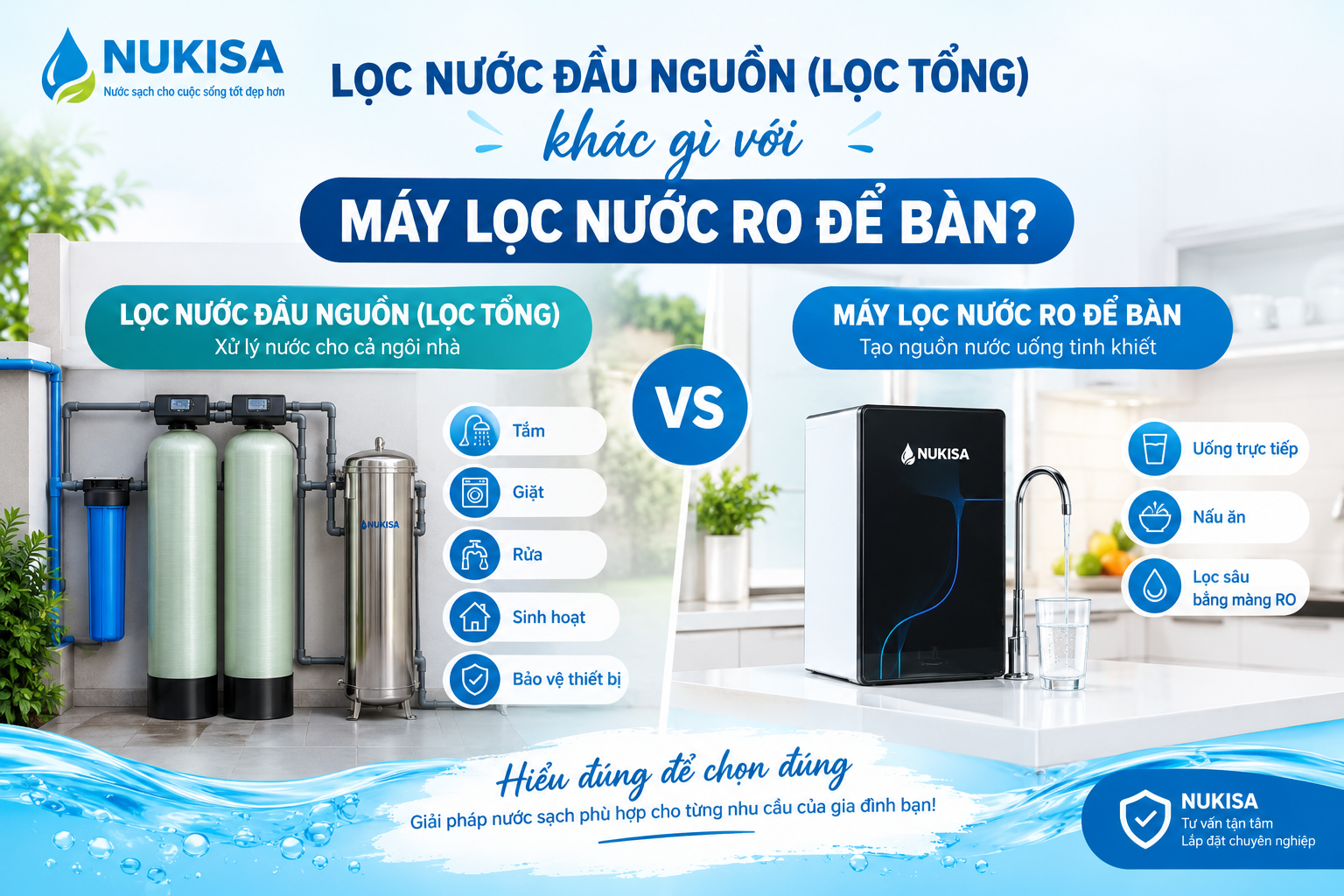 Lọc nước đầu nguồn (lọc tổng) khác gì với máy lọc nước RO để bàn?