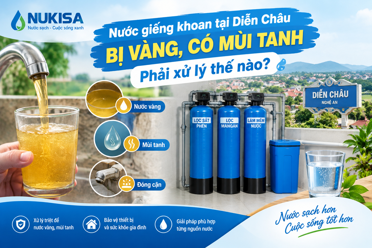 Nước giếng khoan tại Diễn Châu bị vàng, có mùi tanh phải xử lý thế nào?